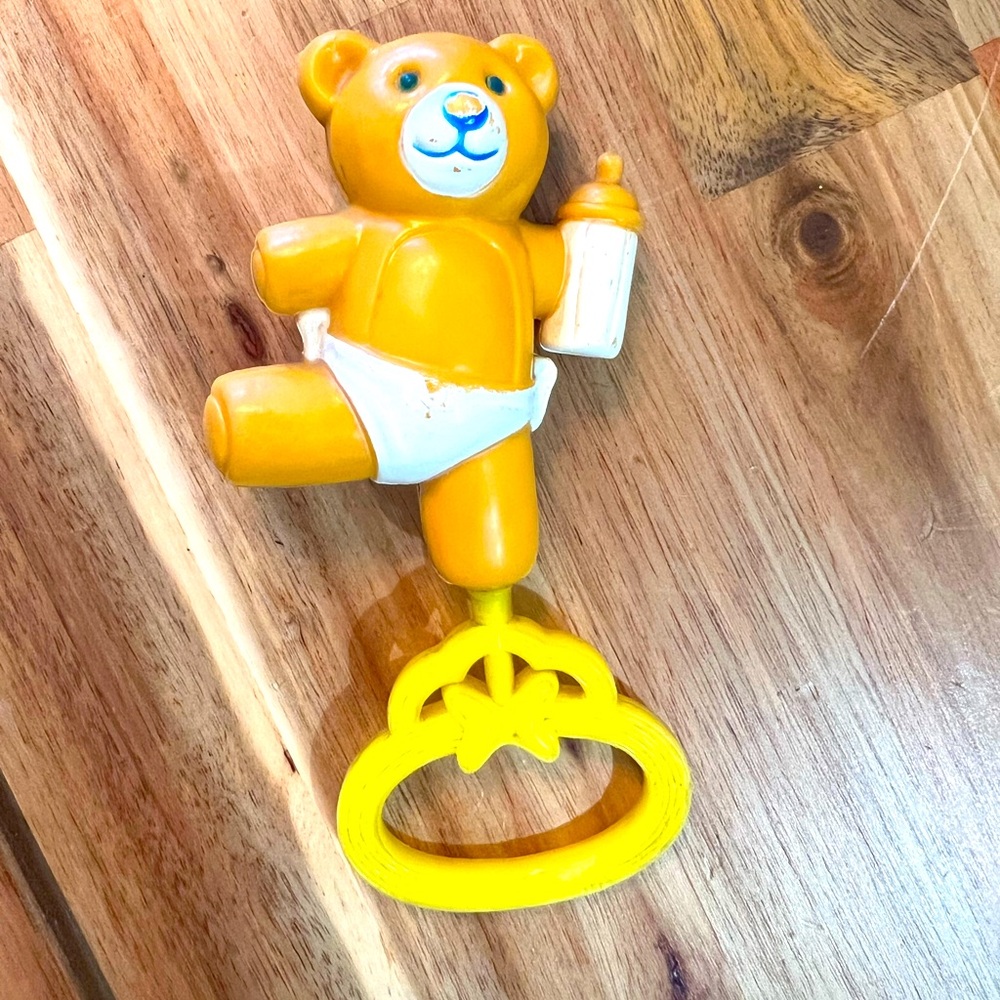 Vintage Fisher Price Regent Teddy Bear Holding Bottle Baby Rattle